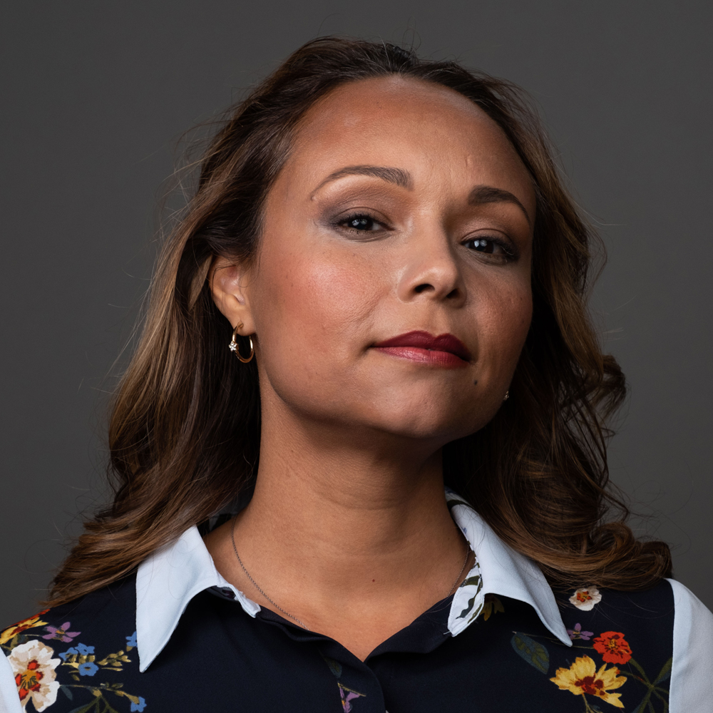 Woman with a black and blue shirt